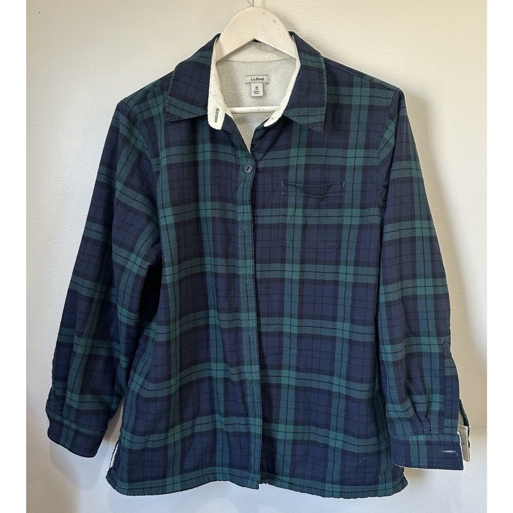 LL Bean Scotch Plaid Sherpa Lined Shirt Jacket Womens Sz Petite Medium Green